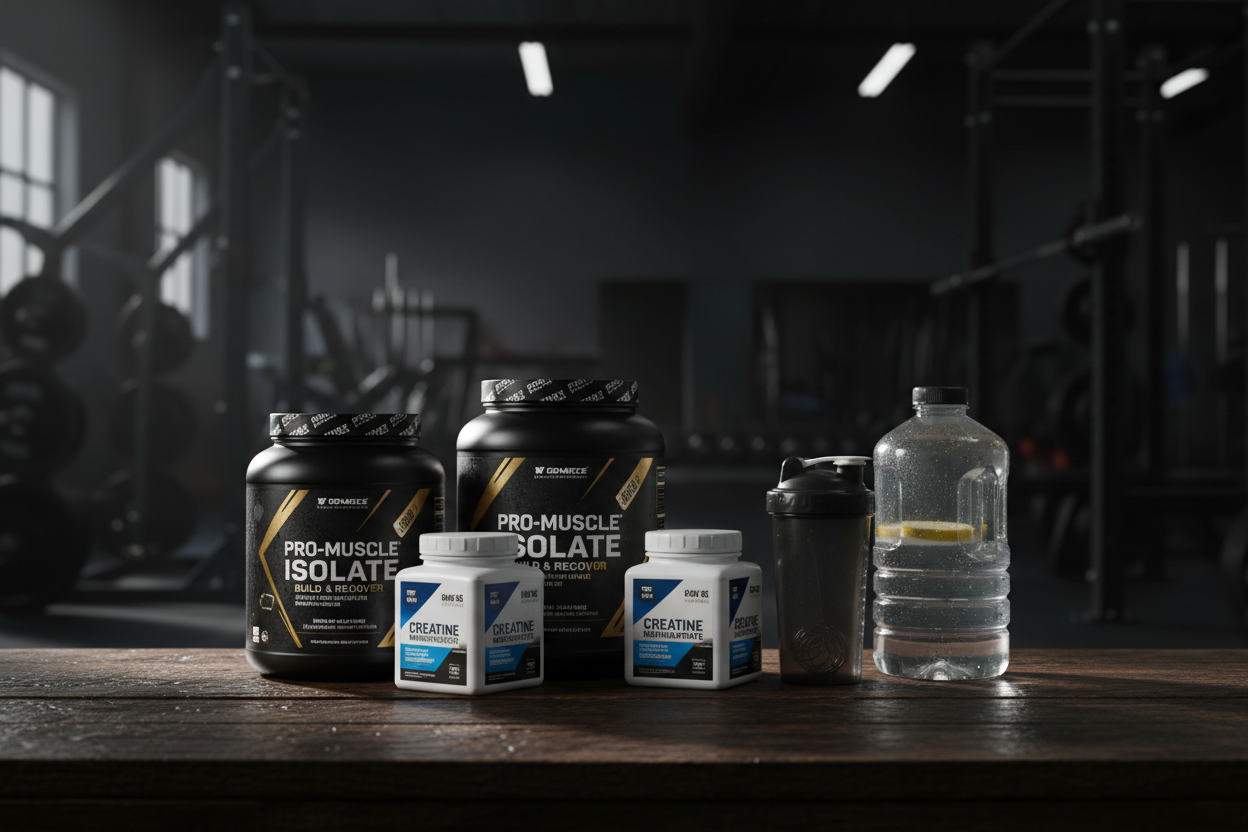 Hintergrund: Dunkles Fitnessstudio
Vordergrund: Tisch mit Supplements wie Protein Powder und Creatine sowie Zubehör wie Shaker und Trinkgalone