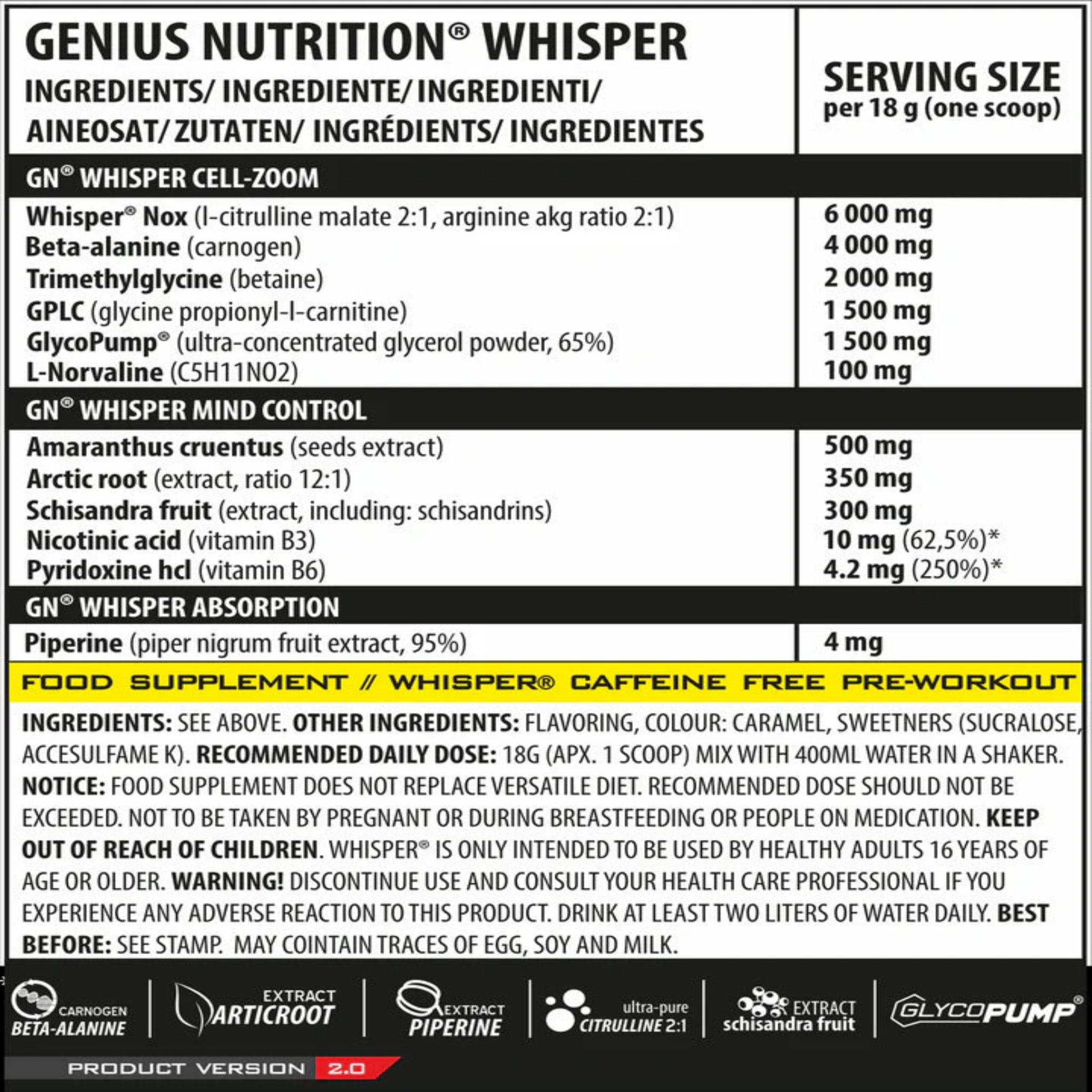 Genius Nutrition WHISPER Pre-Workout Caffeine Free (10x18g)