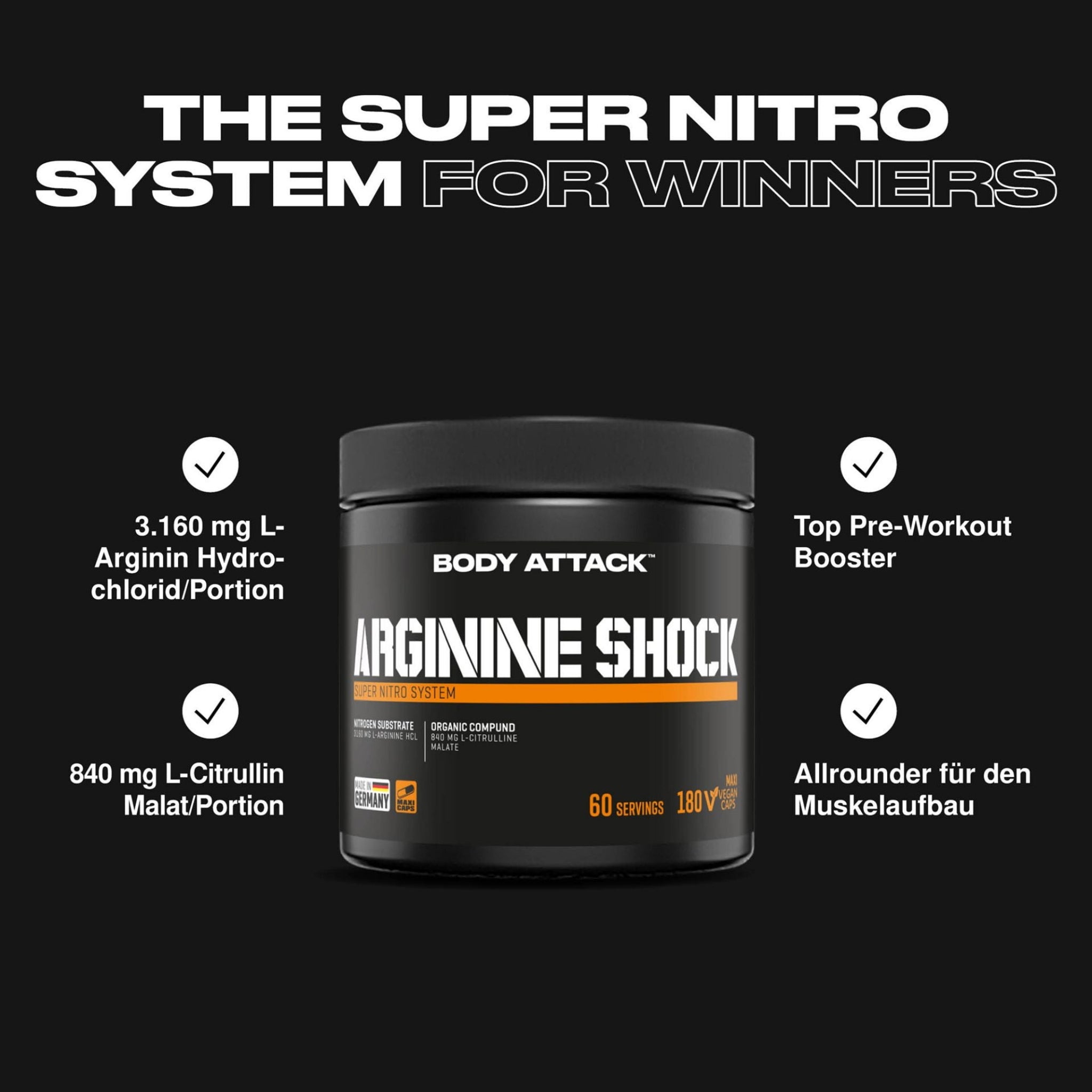 Body Attack Arginine Shock · 180 Kapseln