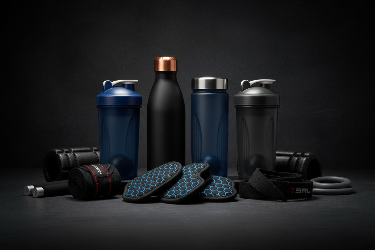 Hintergrund: Dunkel
Vordergrund: Fitnesszubehör wie Trinkflaschen, Shaker, Grip Pads, Bandagen, Lastzughilfe usw.