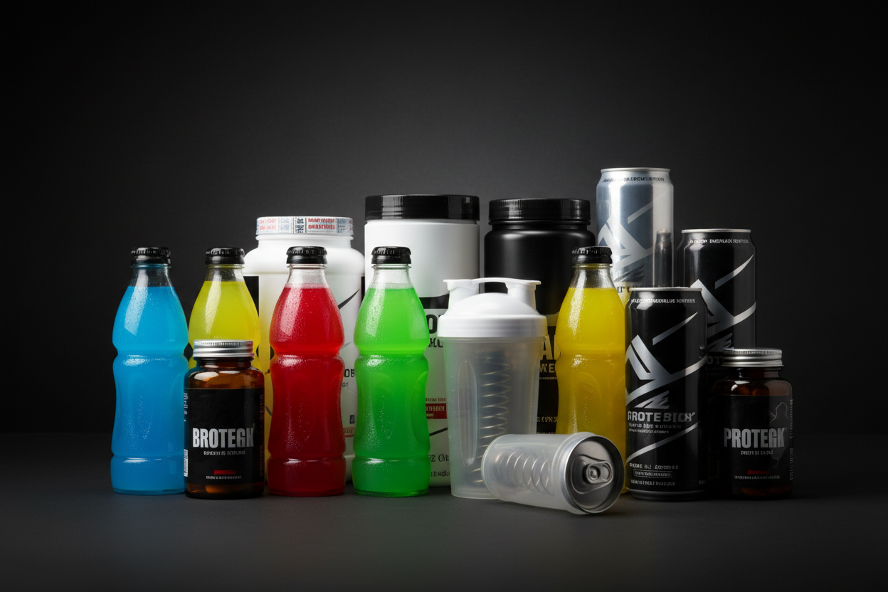 Hintergrund: Dunkel
Vordergrund: Sportgetränke; Proteinshakes; Energydrinks usw.